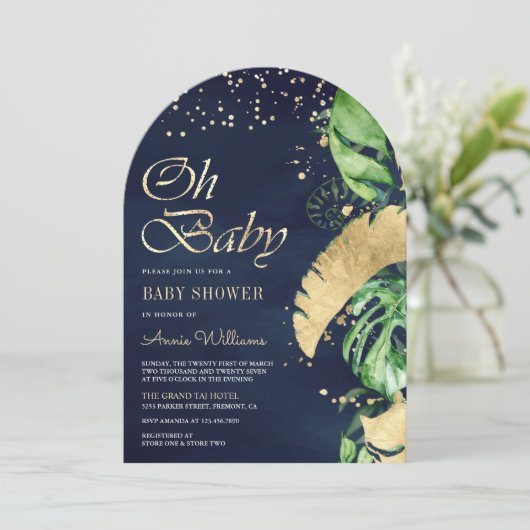 Navy Gold Tropical Monstera Palm Arch Baby shower Kaart (Staand voorkant)