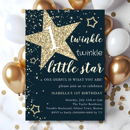 Navy & Gold Twinkle Little Star 1e verjaardag Kaart