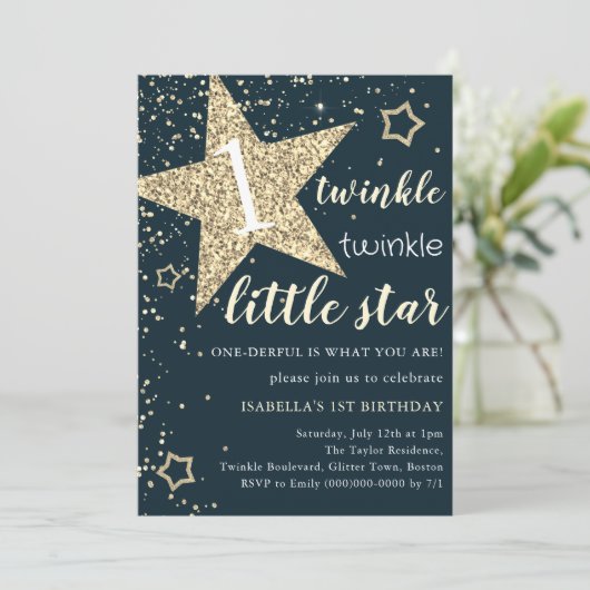 Navy & Gold Twinkle Little Star 1e verjaardag Kaart (Staand voorkant)