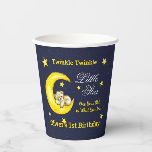 Navy Gold Twinkle Little Star 1e verjaardag Papieren Bekers (Voorkant)