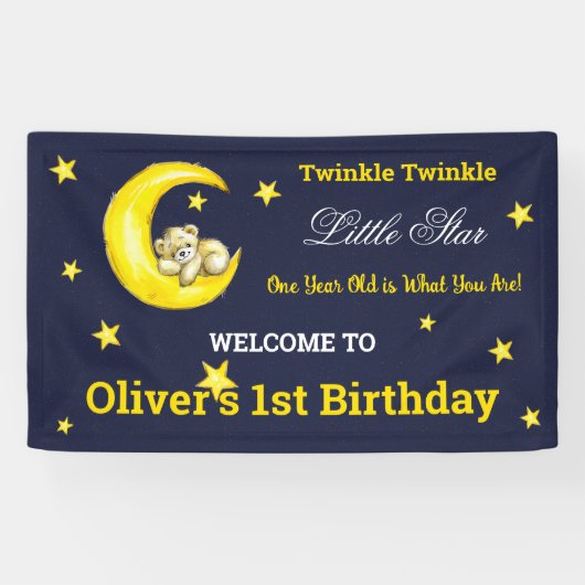Navy Gold Twinkle Little Star 1e verjaardag Spandoek (Horizontaal)