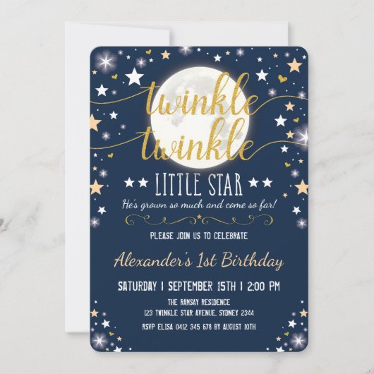 Navy Gold Twinkle Little Star Moon 1e verjaardag Kaart (Voorkant)