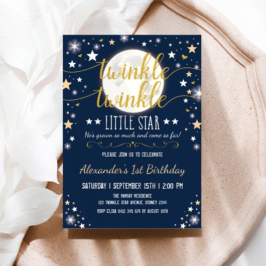 Navy Gold Twinkle Little Star Moon 1e verjaardag Kaart