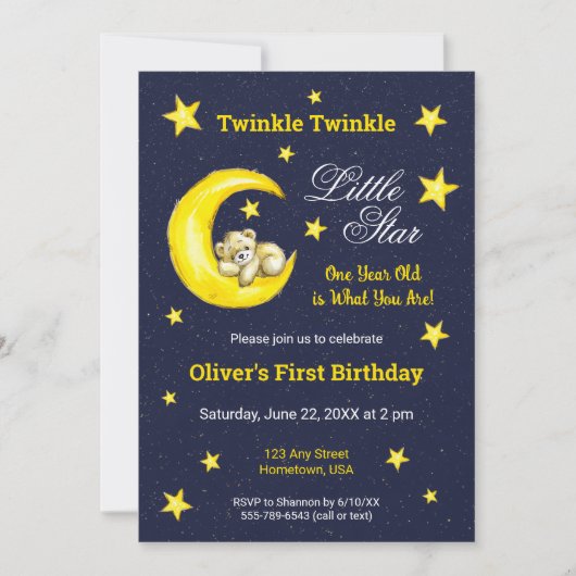 Navy Gold Twinkle Little Star Moon 1e verjaardag Kaart (Voorkant)