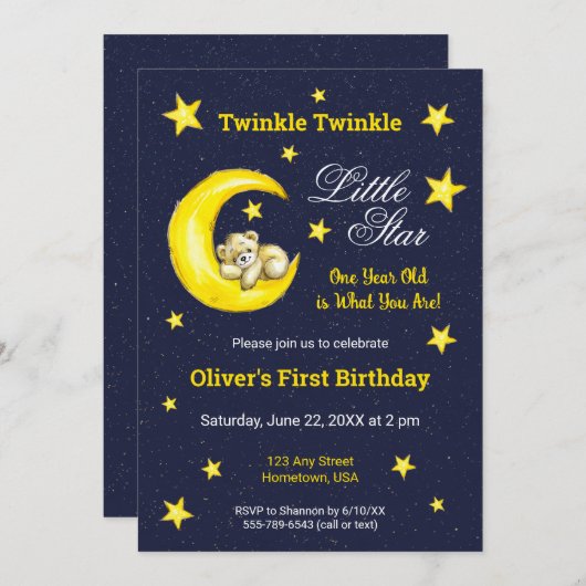 Navy Gold Twinkle Little Star Moon 1e verjaardag Kaart (Voorkant / Achterkant)