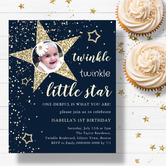Navy & Gold Twinkle Star 1e verjaardag uitnodiging