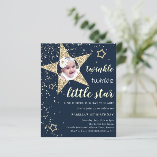 Navy & Gold Twinkle Star 1e verjaardag uitnodiging (Staand voorkant)