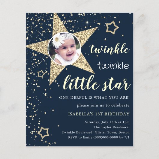 Navy & Gold Twinkle Star 1e verjaardag uitnodiging (Voorkant)