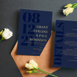 Navy & Gold Typography 2 in 1 Wedding Folie Uitnodiging