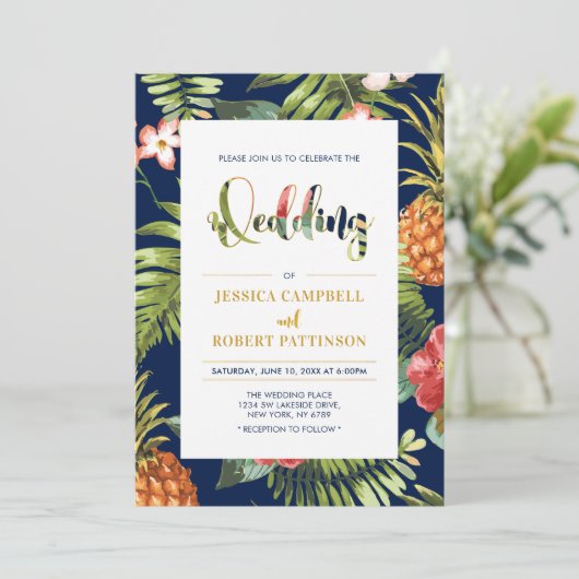 Navy & Gold | Uitnodiging tot Tropische zomerwedde (Staand voorkant)