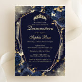 Navy Gold Vlinder Bloemen Quinceanera Folie Uitnodiging