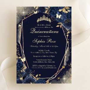 Navy Gold Vlinder Bloemen Quinceanera Folie Uitnodiging