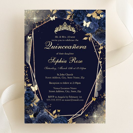 Navy Gold Vlinder Bloemen Quinceanera Folie Uitnodiging