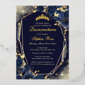 Navy Gold Vlinder Bloemen Quinceanera Folie Uitnodiging (Voorkant)