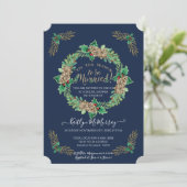 Navy Gold Waterverf Holly Wreate Vrijgezellenfeest Kaart (Staand voorkant)