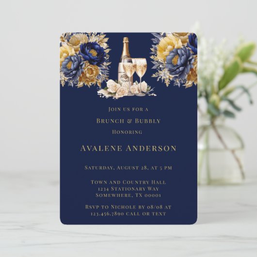 Navy Gold Waterverf Peony Brunch en Bubbly Kaart (Staand voorkant)