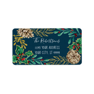 Navy Gold Waterverf Pine Cone Greenery Etiket
