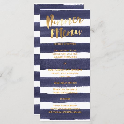 Navy Gold Waterverf Stripes Trouwdiner Menu (Voorkant / Achterkant)