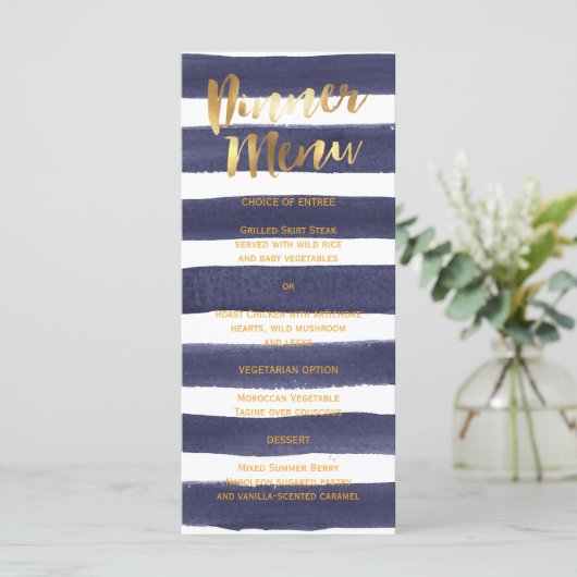 Navy Gold Waterverf Stripes Trouwdiner Menu (Staand voorkant)