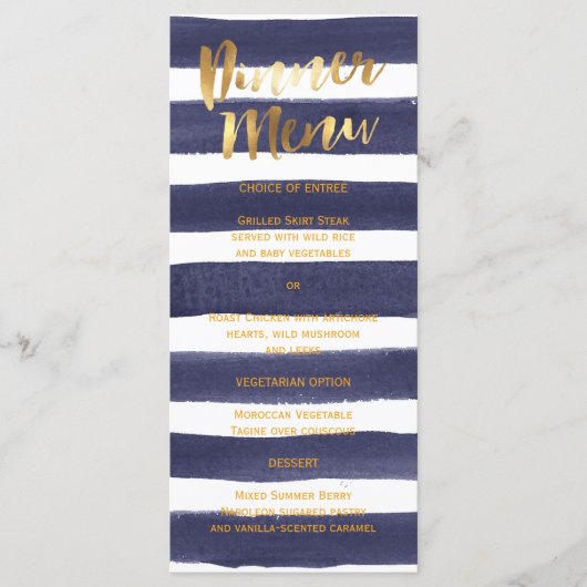 Navy Gold Waterverf Stripes Trouwdiner Menu (Voorkant)