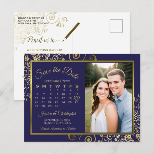 Navy & Gold Wedding Save the Date Kalender Foto Aankondigingskaart (Voorkant / Achterkant)