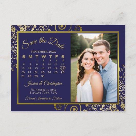 Navy & Gold Wedding Save the Date Kalender Foto Aankondigingskaart (Voorkant)