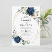 Navy Gold White Champagne Ivory Geometric Wedding Kaart (Staand voorkant)