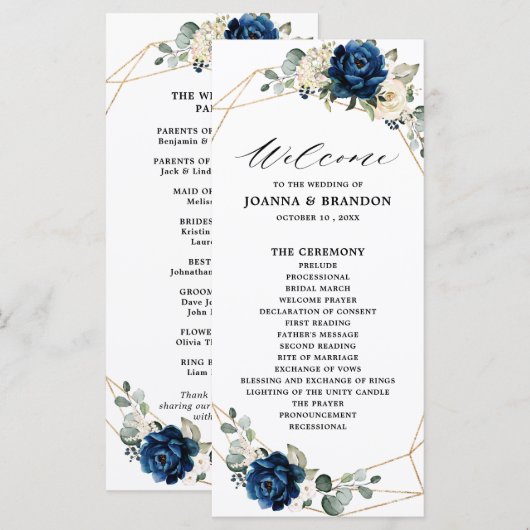 Navy Gold White Champagne Ivory Geometric Wedding Programmakaart (Voorkant / Achterkant)