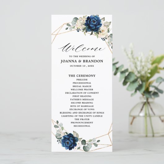 Navy Gold White Champagne Ivory Geometric Wedding Programmakaart (Staand voorkant)
