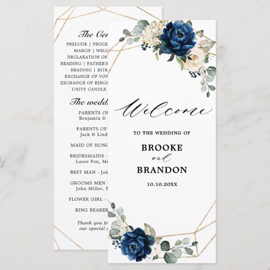 Navy Gold White Champagne Ivory Geometric Wedding Programmakaart (Voorkant / Achterkant)