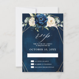 Navy Gold White Champagne Ivory Geometric Wedding RSVP Kaartje