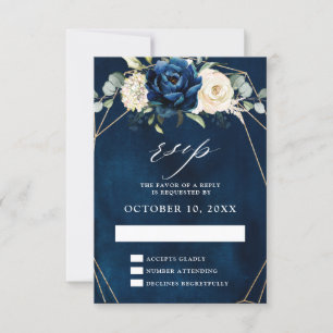 Navy Gold White Champagne Ivory Geometric Wedding RSVP Kaartje