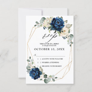Navy Gold White Champagne Ivory Geometric Wedding RSVP Kaartje