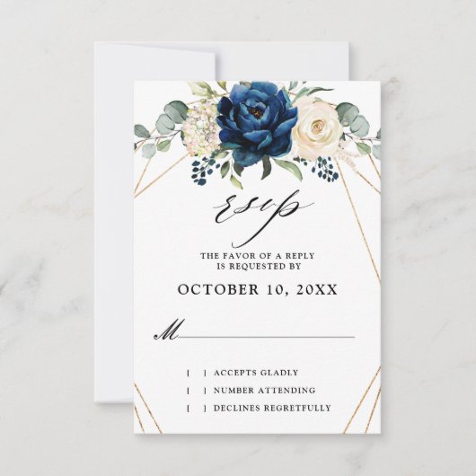 Navy Gold White Champagne Ivory Geometric Wedding RSVP Kaartje (Voorkant)