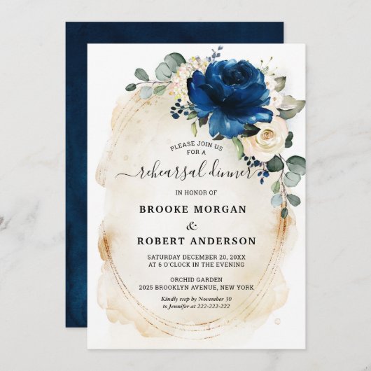 Navy Gold White Champagne Ivory Rehearsal Dinner Kaart (Voorkant / Achterkant)