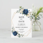 Navy Gold White Champagne Ivory Roos Save the Date (Staand voorkant)