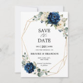 Navy Gold White Champagne Ivory Roos Save the Date (Voorkant)