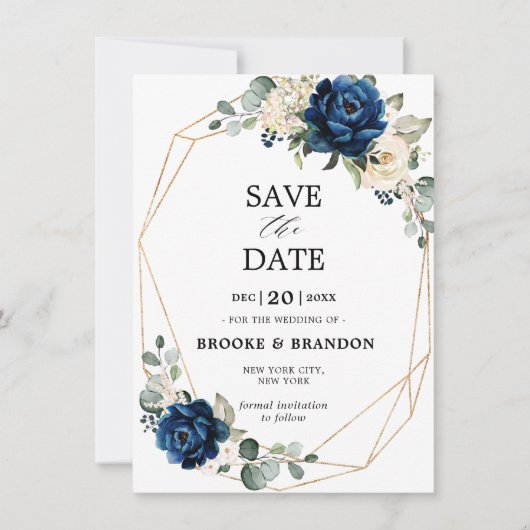 Navy Gold White Champagne Ivory Roos Save the Date (Voorkant)