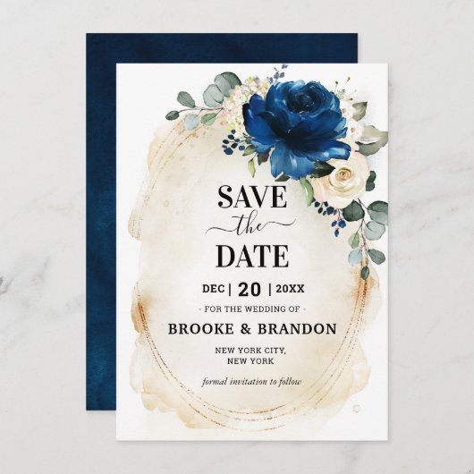 Navy Gold White Champagne Ivory Roos Save the Date (Voorkant / Achterkant)