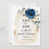 Navy Gold White Champagne Ivory Roos Save the Date (Voorkant)