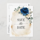 Navy Gold White Champagne Ivory Roos Save the Date Briefkaart (Voorkant / Achterkant)