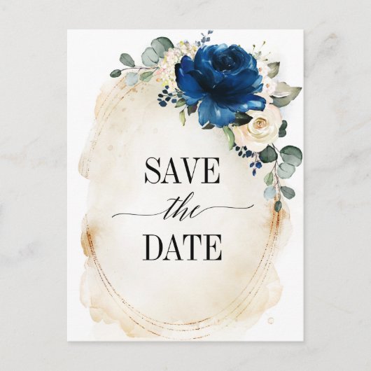 Navy Gold White Champagne Ivory Roos Save the Date Briefkaart (Voorkant)
