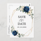 Navy Gold White Champagne Ivory Roos Save the Date Briefkaart (Voorkant / Achterkant)