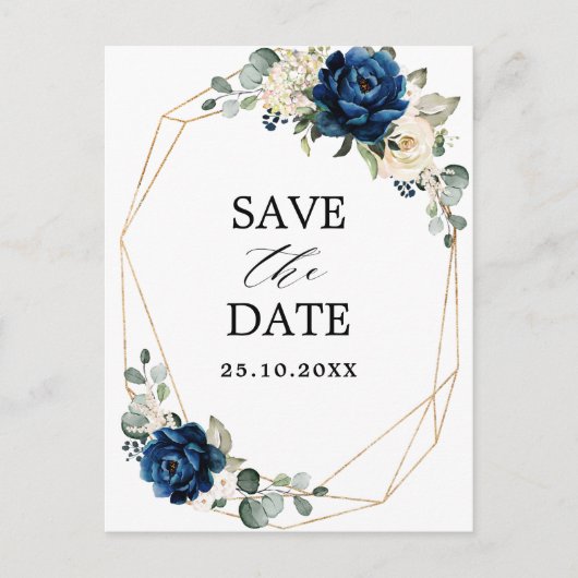 Navy Gold White Champagne Ivory Roos Save the Date Briefkaart (Voorkant)