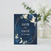Navy Gold White Champagne Ivory Roos Save the Date Briefkaart (Staand voorkant)