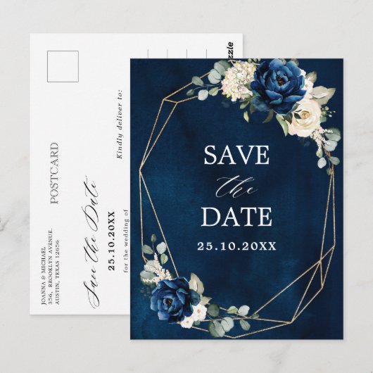 Navy Gold White Champagne Ivory Roos Save the Date Briefkaart (Voorkant / Achterkant)