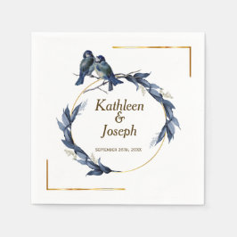 Navy Gold White Elegant Blue Birds Wedding Napkins Servet