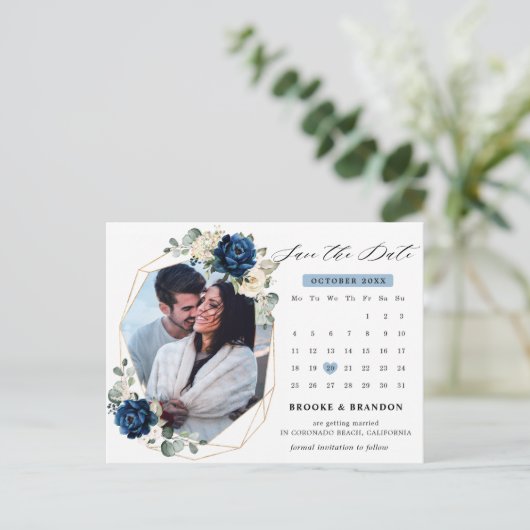 Navy Gold White Ivory Geometric Save the date Briefkaart (Staand voorkant)