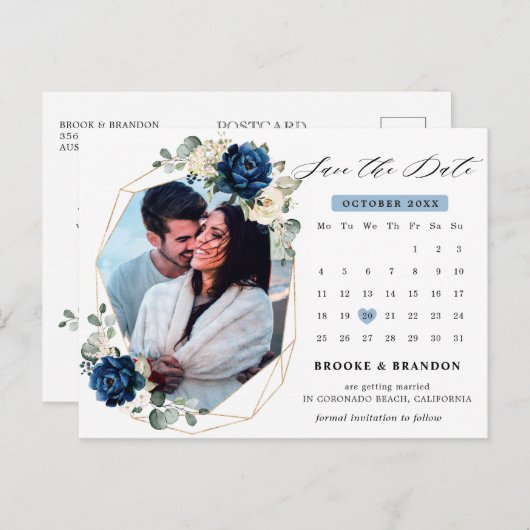 Navy Gold White Ivory Geometric Save the date Briefkaart (Voorkant / Achterkant)
