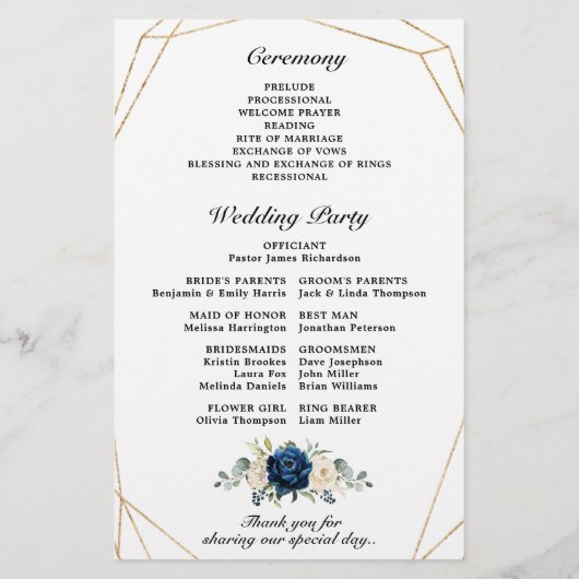 Navy Gold White Ivory Geometric Wedding Programme (Achterkant)